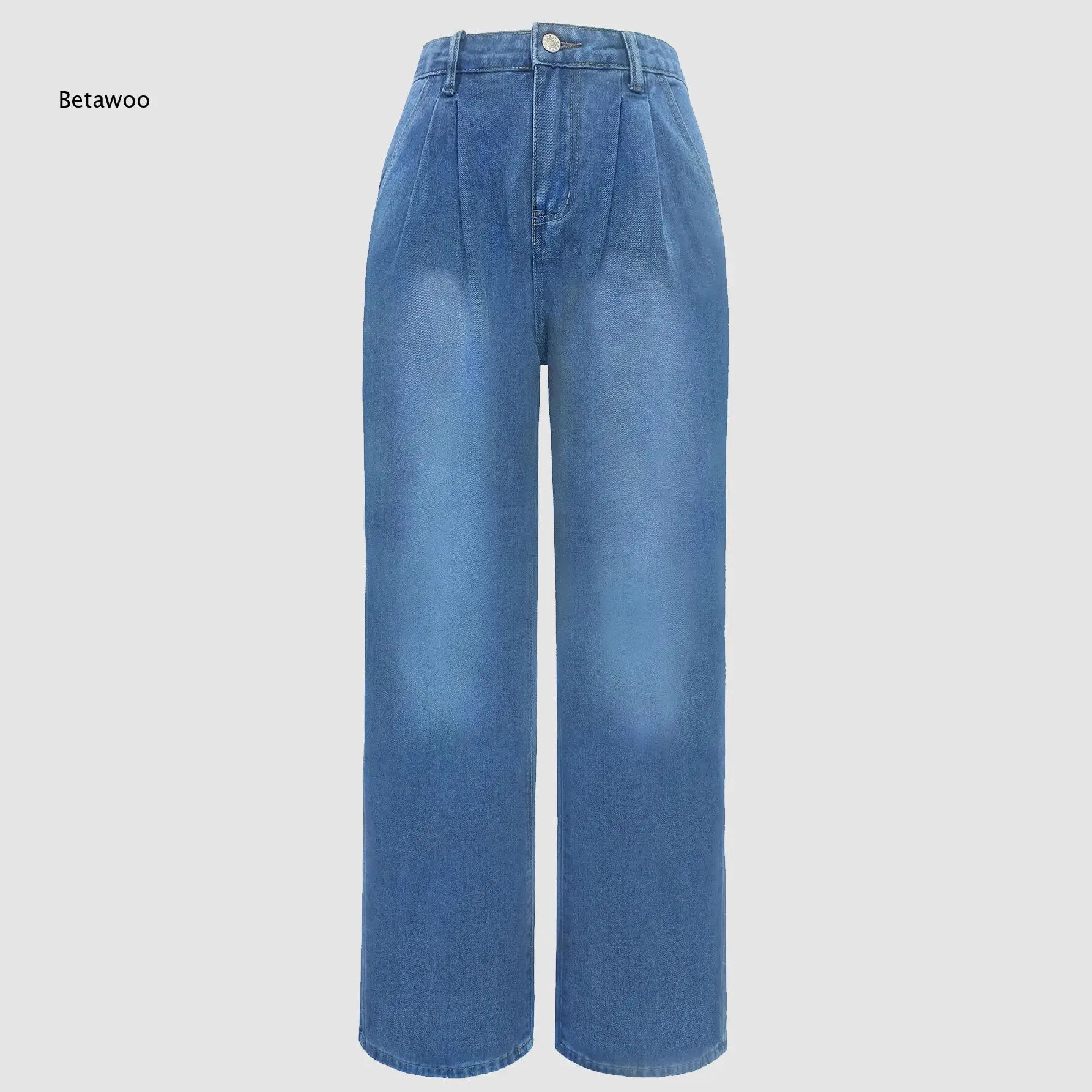 Solid Light Blue Washed Wide Leg Jeans Women High Rise Front Pleat Detail Button Closure Loose Straight Denim Trousers
Solid Light Blue Washed Wide Leg Jeans Women High Rise Front Pleat Detail Button Closure Loose Straight Denim Trousers