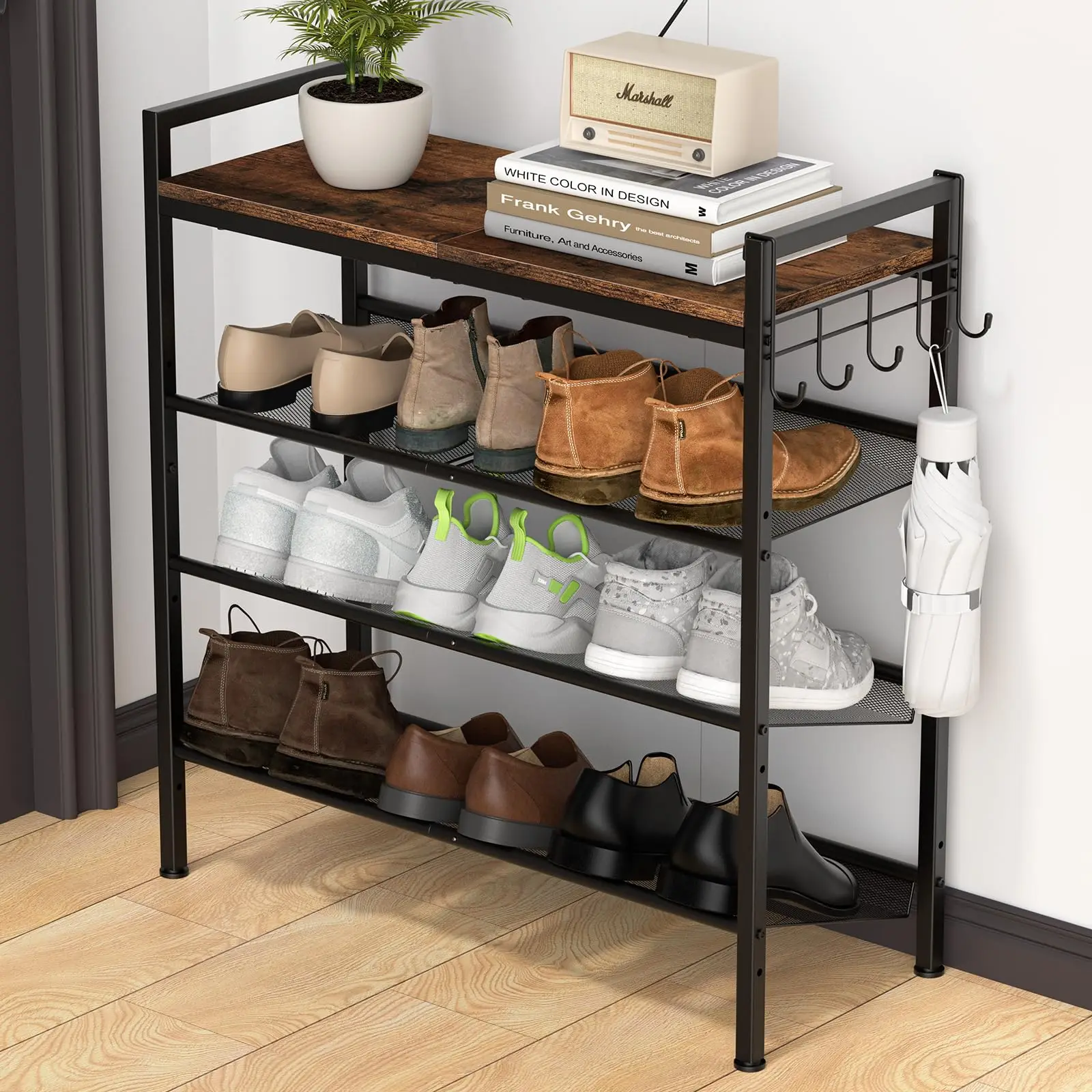 Four-Tier Adjustable Metal Shoe Organizer With Wooden Top, Mesh Shelves, And Side Hooks For Entryway, Bedroom, Or Hallway
Four-Tier Adjustable Metal Shoe Organizer With Wooden Top, Mesh Shelves, And Side Hooks For Entryway, Bedroom, Or Hallway