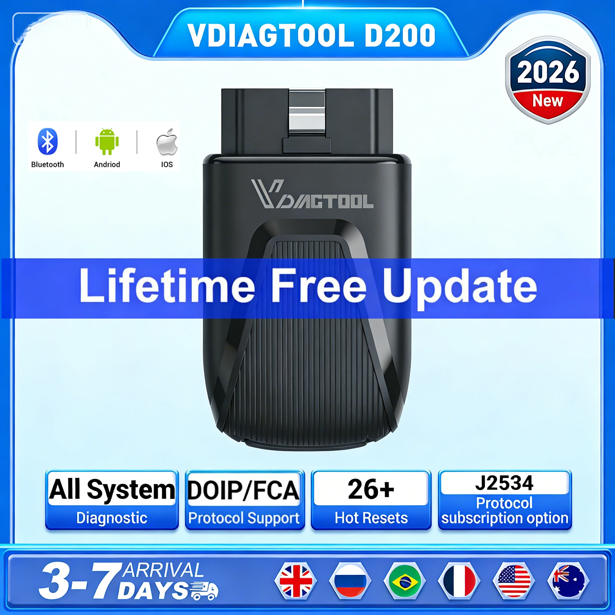 New VDIAGTOOL D200 Bluetooth OBD2 Scanner Car Diagnostic Tools Lifetime Free Update 26+Reset All System Active Test J2534 FCA
New VDIAGTOOL D200 Bluetooth OBD2 Scanner Car Diagnostic Tools Lifetime Free Update 26+Reset All System Active Test J2534 FCA