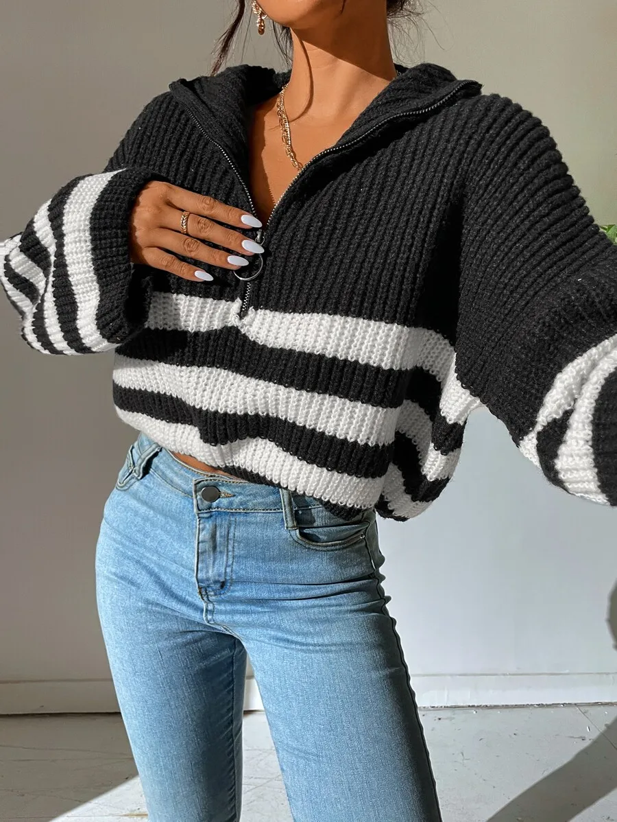 Womens Striped Half Zip Knit Pullover Sweater Casual Long Sleeve Top For Spring And Autumn
Womens Striped Half Zip Knit Pullover Sweater Casual Long Sleeve Top For Spring And Autumn