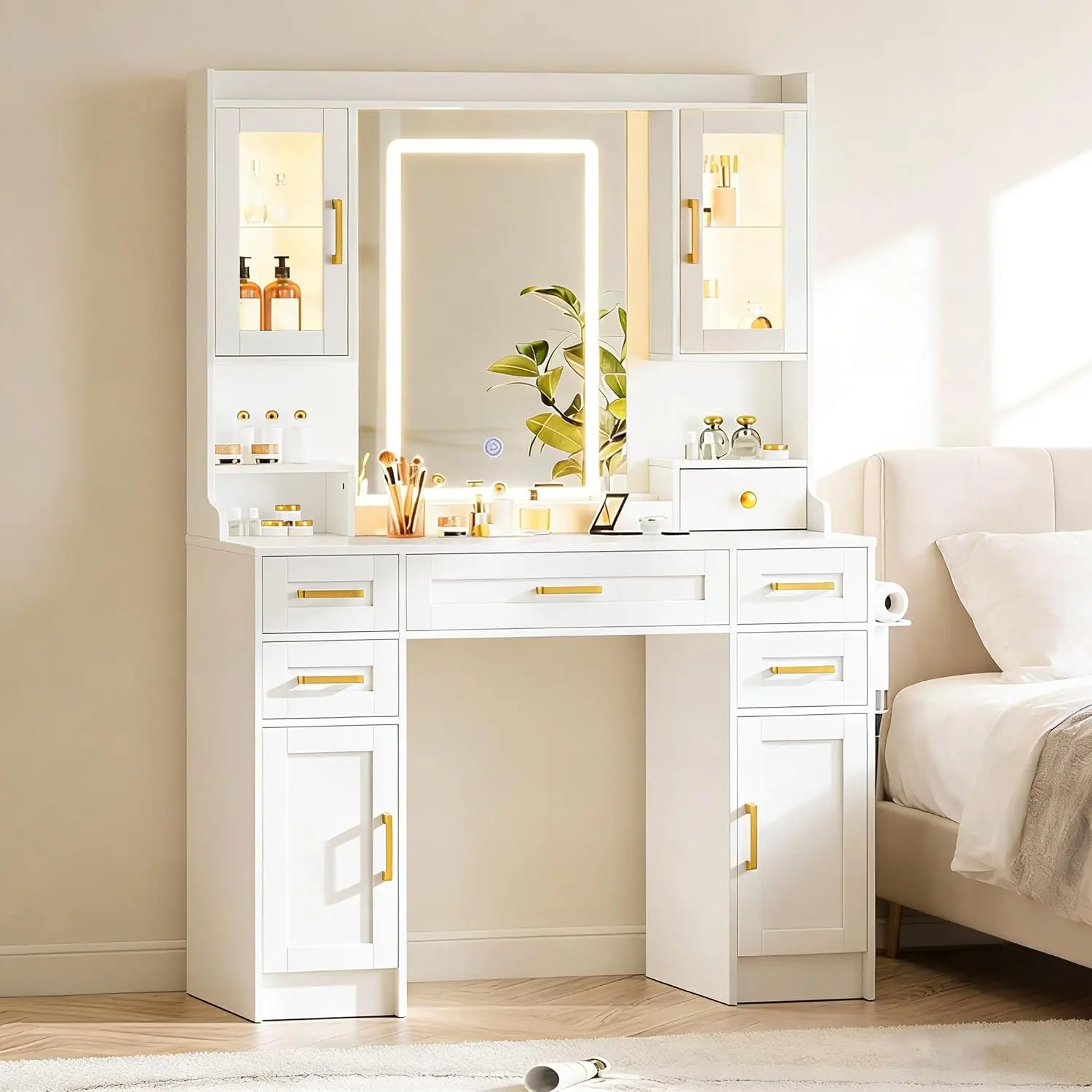 Large White Makeup Vanity with Mirror, LED Lights, Power Outlet, 5 Drawers, 4 Cabinets – Bedroom Dressing Table
Large White Makeup Vanity with Mirror, LED Lights, Power Outlet, 5 Drawers, 4 Cabinets – Bedroom Dressing Table