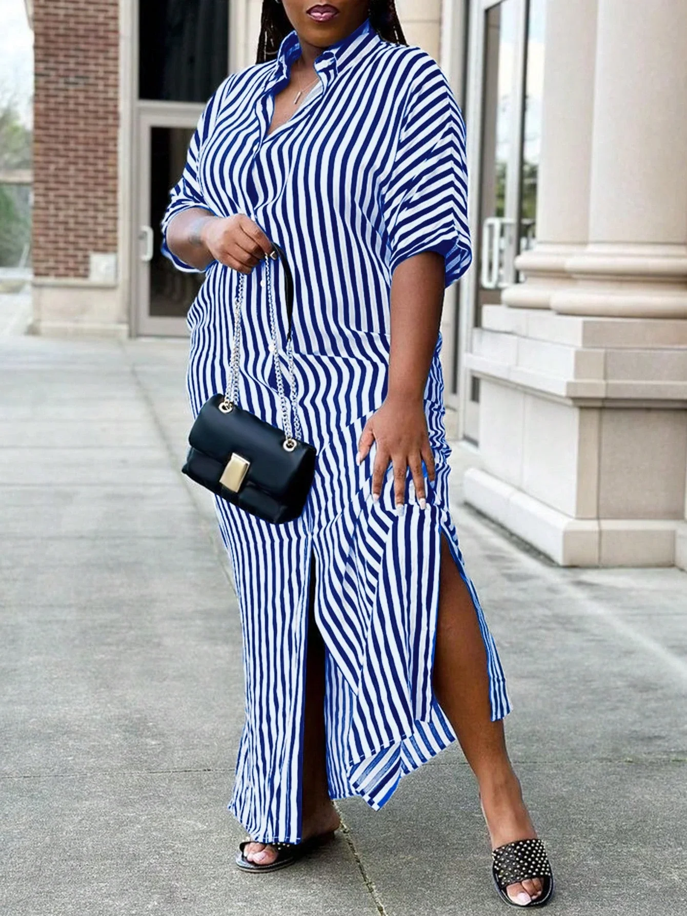 Plus Size Women Striped Shirt Dress With Side Slit
Plus Size Women Striped Shirt Dress With Side Slit