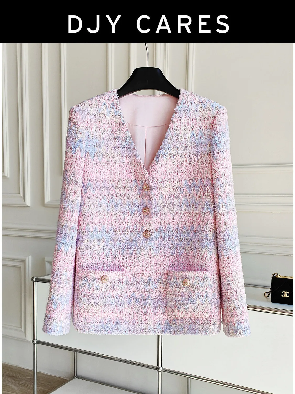 New Pink purple V-neck jacket, intellectual mid length top big size
New Pink purple V-neck jacket, intellectual mid length top big size