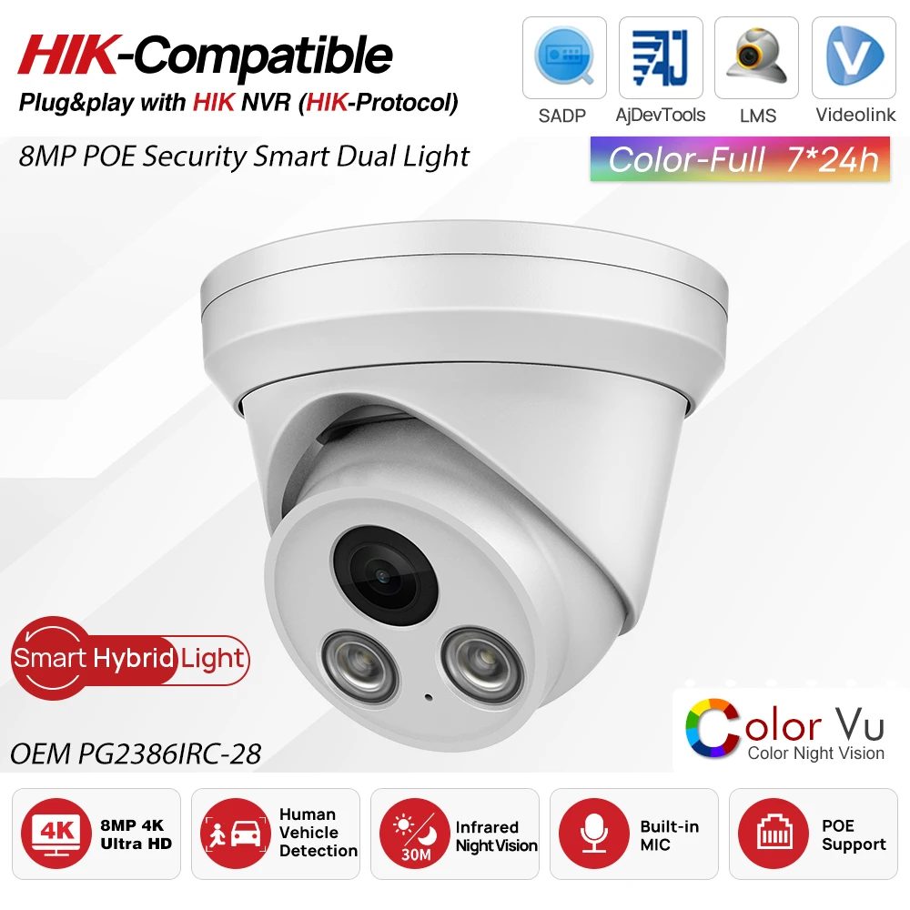 Совместимая с Hikvision OEM 4K 8MP с двойным источником света, фиксированная купольная IP-камера со встроенным микрофоном Plug&Play с HIK NVR, охранное наблюдение
Совместимая с Hikvision OEM 4K 8MP с двойным источником света, фиксированная купольная IP-камера со встроенным микрофоном Plug&Play с HIK NVR, охранное наблюдение