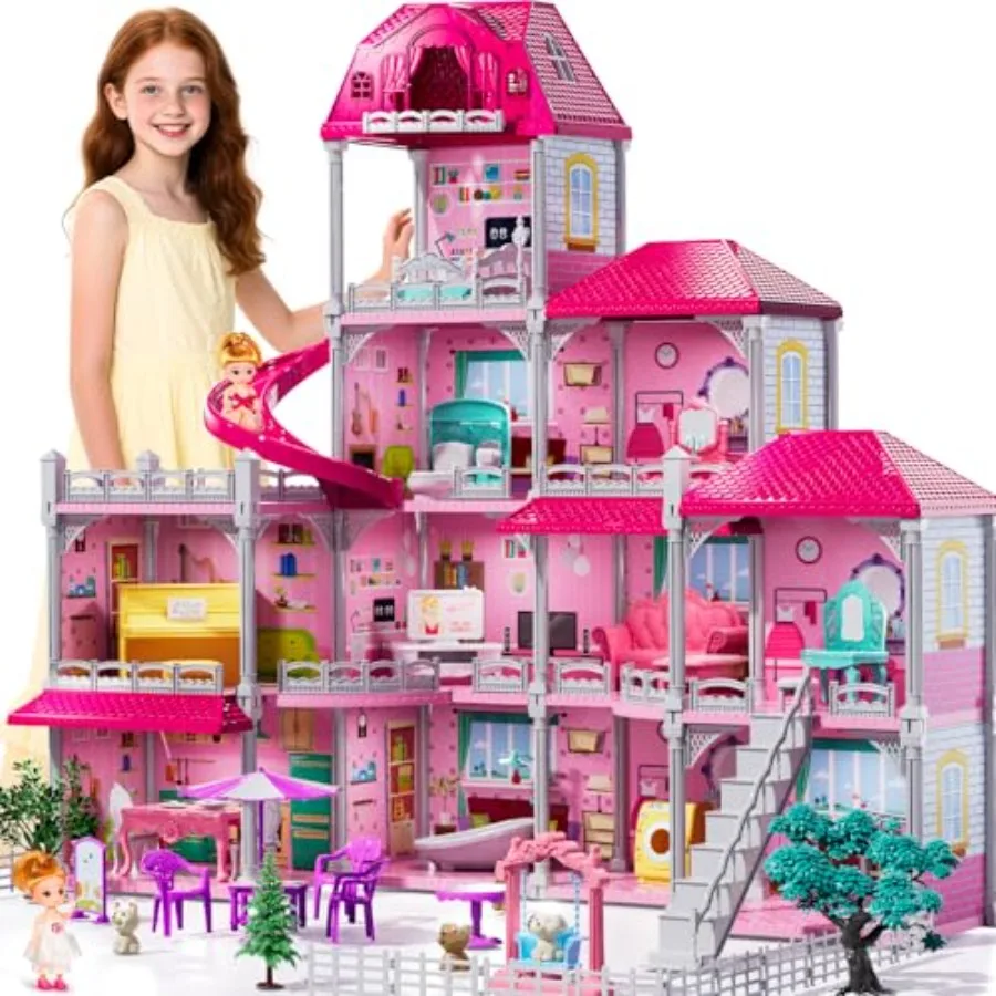 Indoor villa playset for girls ages 3-7, wooden construction, pastel pink and white, 4-storey with 11 rooms, 2 dolls, furniture
Indoor villa playset for girls ages 3-7, wooden construction, pastel pink and white, 4-storey with 11 rooms, 2 dolls, furniture