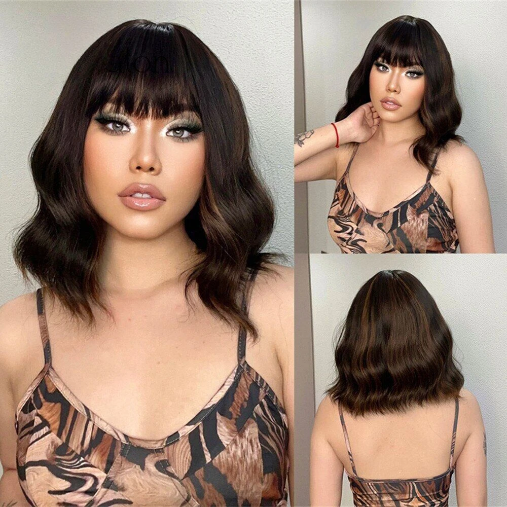 Short Black Brown Highlight Wave Wigs with Bangs Bob Wig Heat Resist Synthetic
Short Black Brown Highlight Wave Wigs with Bangs Bob Wig Heat Resist Synthetic