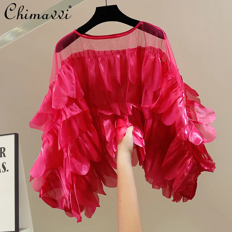 Fashion Heavy Industry Mesh Stitching Ruffle Edge Women's Shirt 2025 Autumn Women's Bat Sleeve Top Temperament Loose Blouse 
Fashion Heavy Industry Mesh Stitching Ruffle Edge Women's Shirt 2025 Autumn Women's Bat Sleeve Top Temperament Loose Blouse