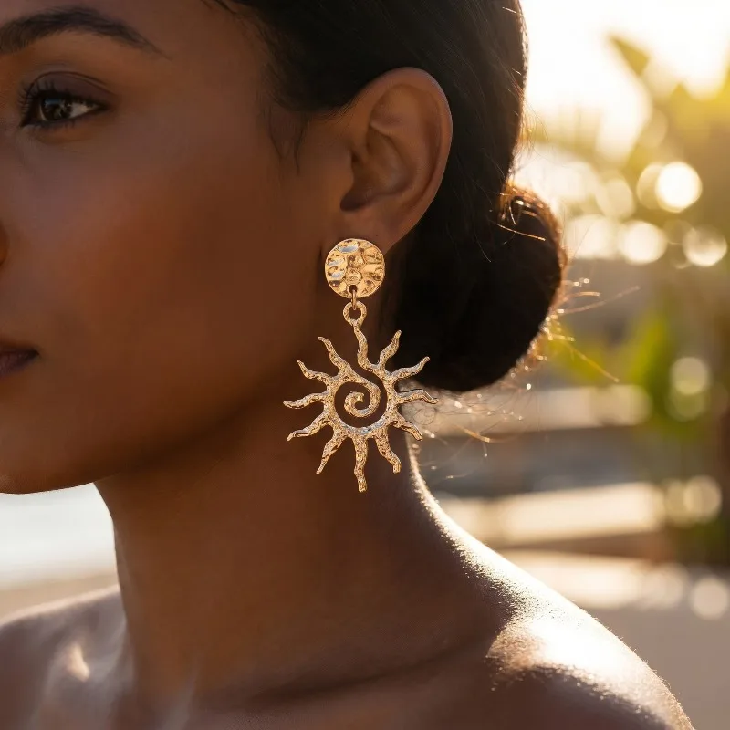 New trendy golden hollow pendant spiral sunflower smiling face fashionable earrings for women
New trendy golden hollow pendant spiral sunflower smiling face fashionable earrings for women