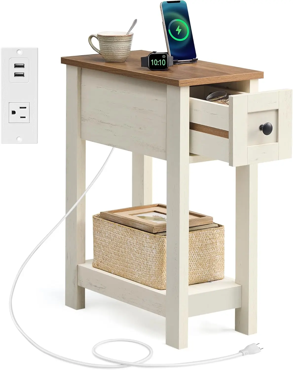 Farmhouse End Table with Charging Station, Narrow Side Table with Drawer, Easy Assembly, for Living Room Bedroom, Honey Brown
Farmhouse End Table with Charging Station, Narrow Side Table with Drawer, Easy Assembly, for Living Room Bedroom, Honey Brown