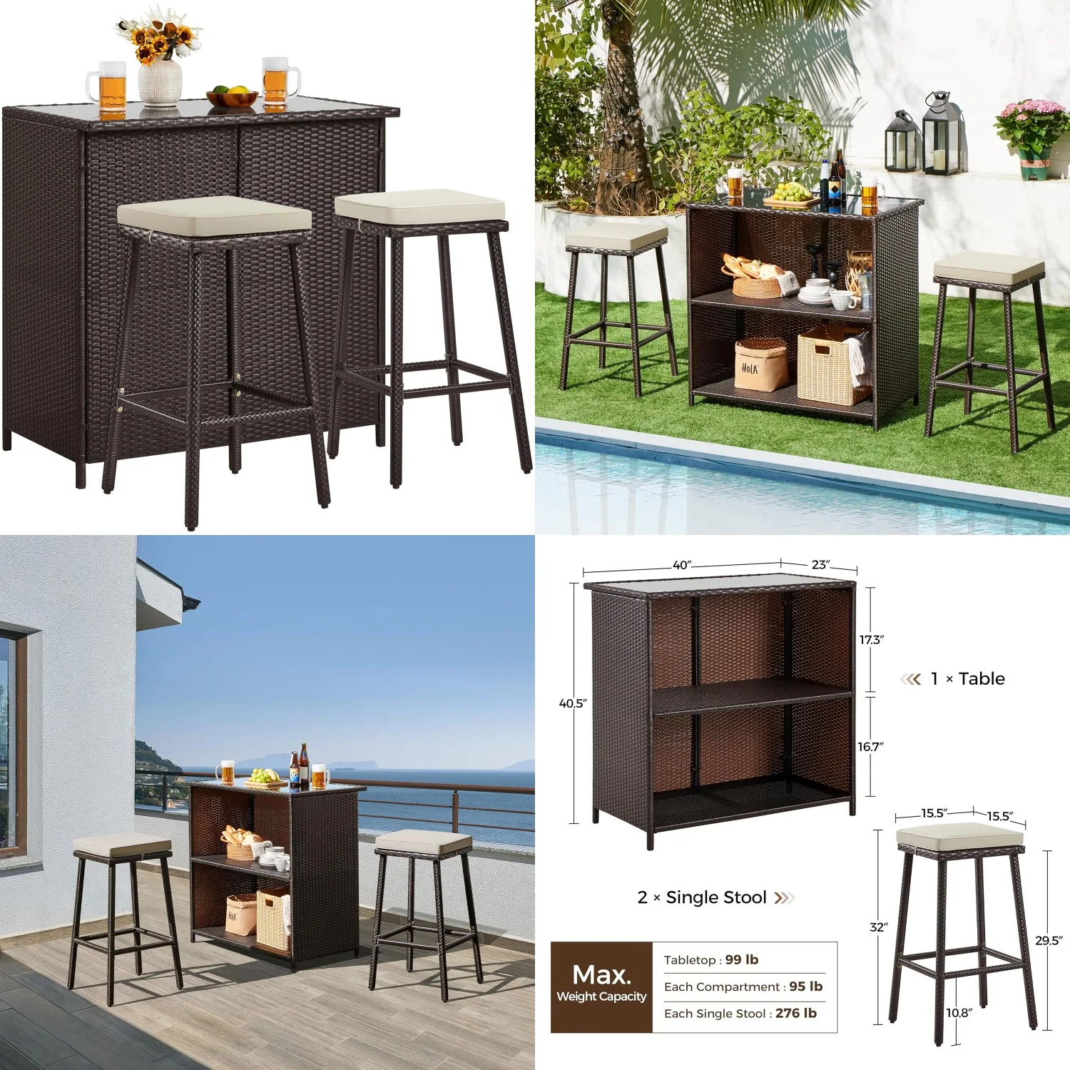 3pcs Outdoor Bar Set Wicker Furniture Storage Shelves Glass Top Table Cushions 2 Stools Patio Use Brown/Khaki, Customized
3pcs Outdoor Bar Set Wicker Furniture Storage Shelves Glass Top Table Cushions 2 Stools Patio Use Brown/Khaki, Customized
