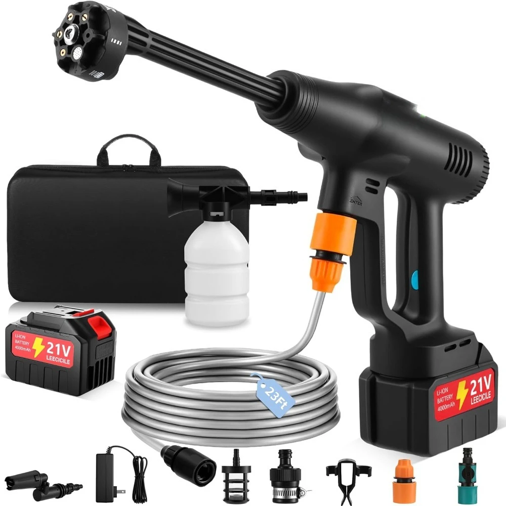 Cordless Portable Pressure Washer Brushless Motor 21V 4000mAh 6-in-1 Nozzle 3 Power Levels 23FT Hose for Car Patio Floor
Cordless Portable Pressure Washer Brushless Motor 21V 4000mAh 6-in-1 Nozzle 3 Power Levels 23FT Hose for Car Patio Floor