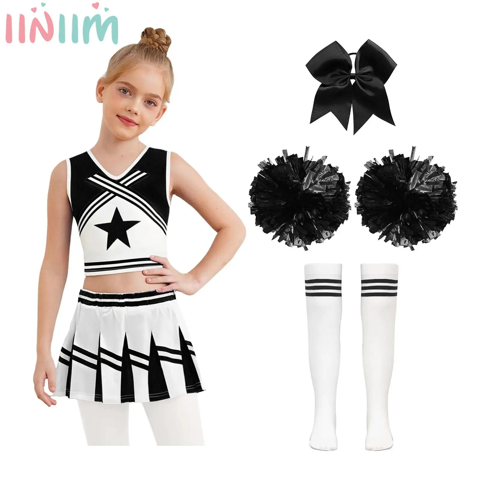 Kids Girls Cheer Leader Outfit Dance Uniform Set Complete Sleeveless Top Pleated Skirt Hand Flowers Hair Tie Striped Skirt Suit
Kids Girls Cheer Leader Outfit Dance Uniform Set Complete Sleeveless Top Pleated Skirt Hand Flowers Hair Tie Striped Skirt Suit
