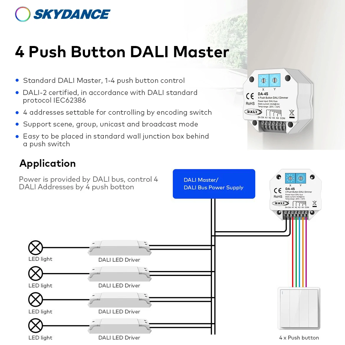 Skydance DALI 4 Push Button Dimmer Work With DALI Master/ Bus Power Supply Support scene, group, unicast and broadcast mode
Skydance DALI 4 Push Button Dimmer Work With DALI Master/ Bus Power Supply Support scene, group, unicast and broadcast mode