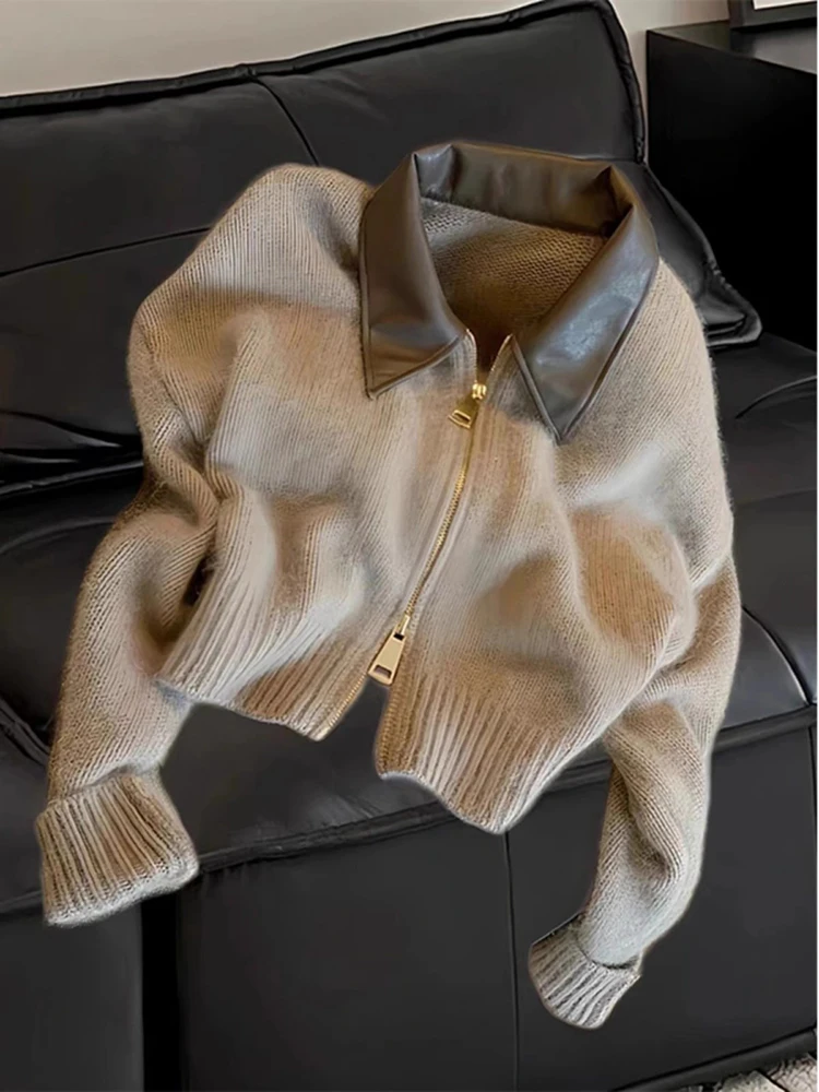 Fashion Zipper Knitted Cardigan Korean Chic Retro Lapel Cropped Sweater Coat Women Lazy Style Long Sleeved Tops Autumn New
Fashion Zipper Knitted Cardigan Korean Chic Retro Lapel Cropped Sweater Coat Women Lazy Style Long Sleeved Tops Autumn New