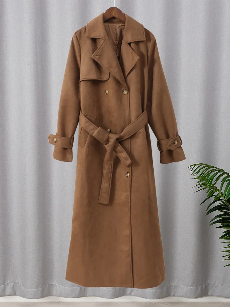 Women's Brown Suede Coat - Vintage Casual Fashion Long Overcoat with Tie Waist, Slimming Extended Length Outerwear
Women's Brown Suede Coat - Vintage Casual Fashion Long Overcoat with Tie Waist, Slimming Extended Length Outerwear