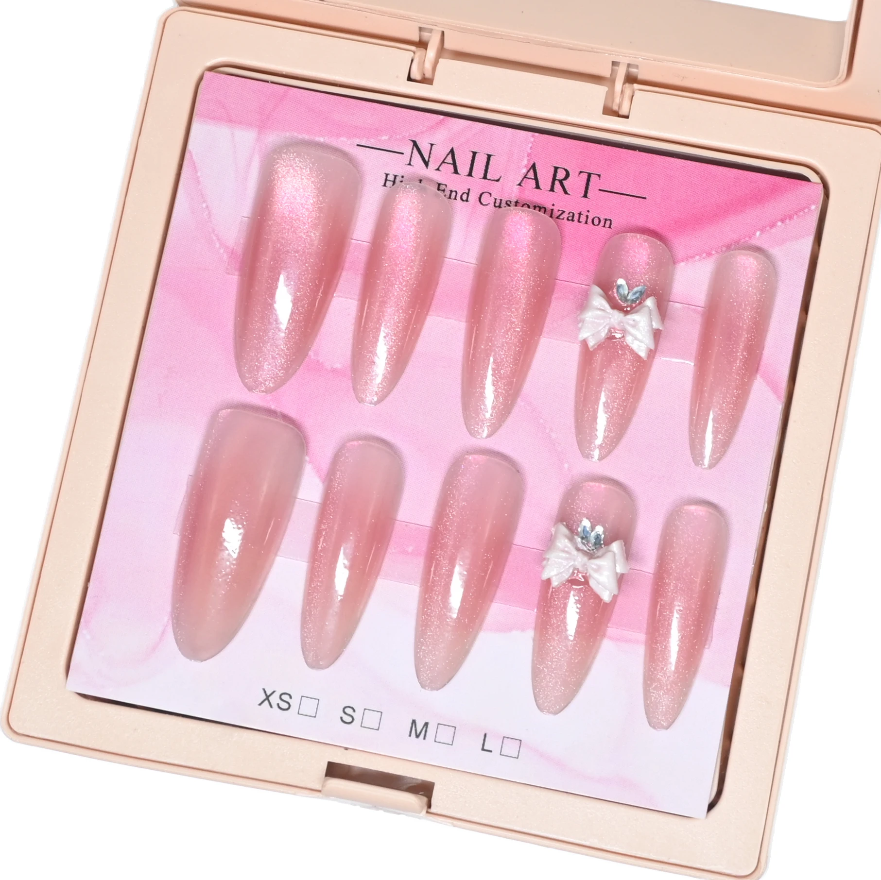 New arrival, 10-piece handmade medium almond reusable press-on nails with exquisite packaging.The sheer nude-pink cat-eye base c
New arrival, 10-piece handmade medium almond reusable press-on nails with exquisite packaging.The sheer nude-pink cat-eye base c