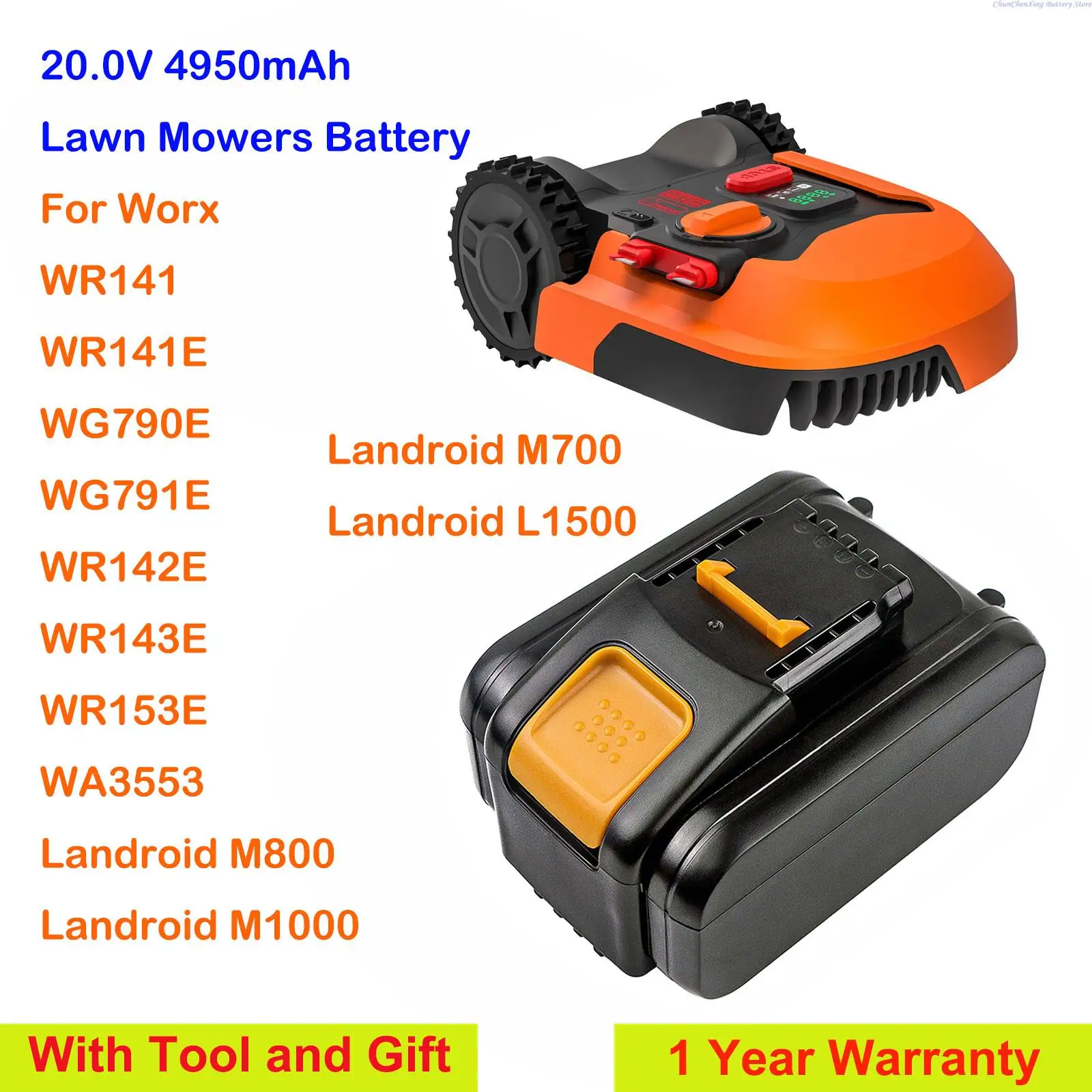 4950mAh Lawn Mowers Battery WA3604 WA3553 for Worx WR141,WR141E,WG790E,WG791E,WR142E,WR143E,WR153E,WA3553,M800,M1000,M700,L1500
4950mAh Lawn Mowers Battery WA3604 WA3553 for Worx WR141,WR141E,WG790E,WG791E,WR142E,WR143E,WR153E,WA3553,M800,M1000,M700,L1500