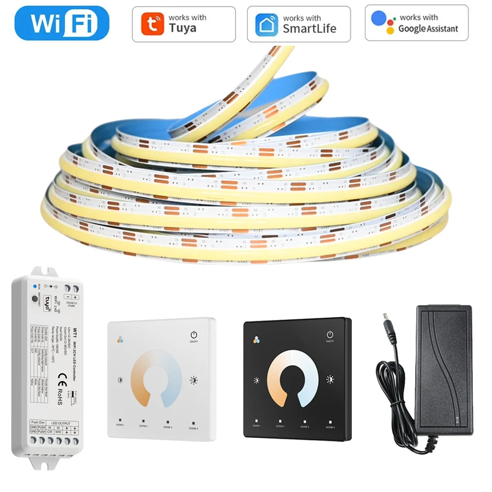 Светодиодная лента Tuya WiFi COB CCT 5М/10М, 24В, двухцветная (2700-6500K), с диммированием 2.4G RF и сенсорным пультом для Alexa Google Assistant
Светодиодная лента Tuya WiFi COB CCT 5М/10М, 24В, двухцветная (2700-6500K), с диммированием 2.4G RF и сенсорным пультом для Alexa Google Assistant