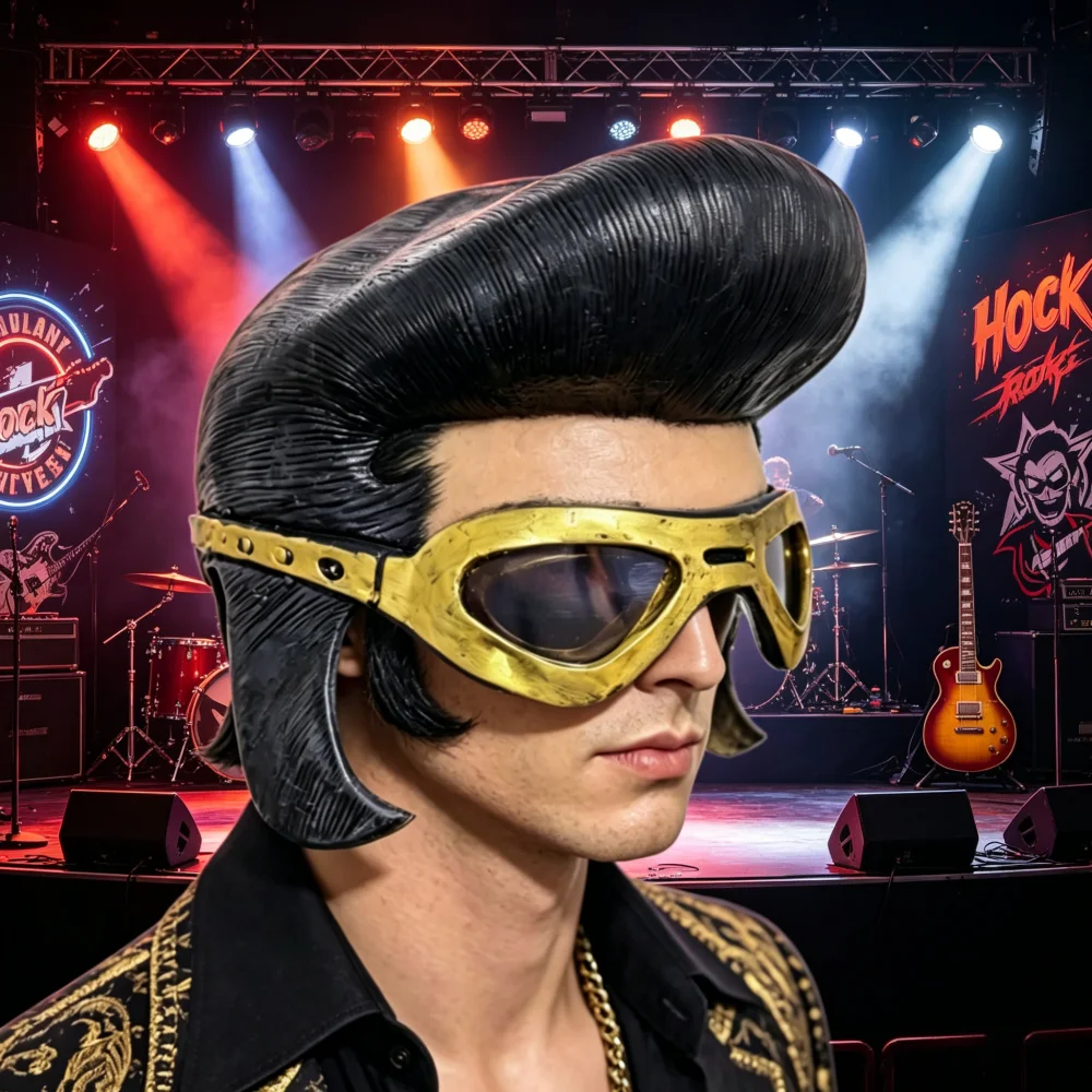 Vintage Rock Singer Mask with Vintage Goggles, Latex Cosplay Headgear for Halloween Party Elvis Style Costume Accessory
Vintage Rock Singer Mask with Vintage Goggles, Latex Cosplay Headgear for Halloween Party Elvis Style Costume Accessory
