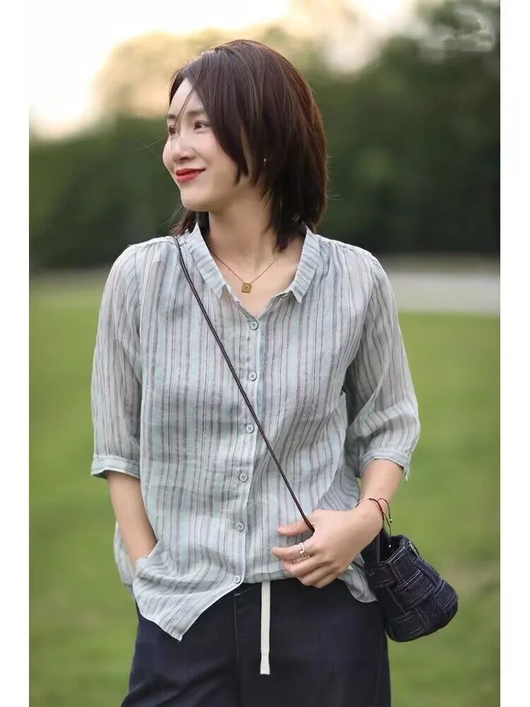 Slim Fit Striped Cotton Linen Shirt Women Summer Lightweight Collar Five Sleeve Buttons Commute Style Regular Length
Slim Fit Striped Cotton Linen Shirt Women Summer Lightweight Collar Five Sleeve Buttons Commute Style Regular Length