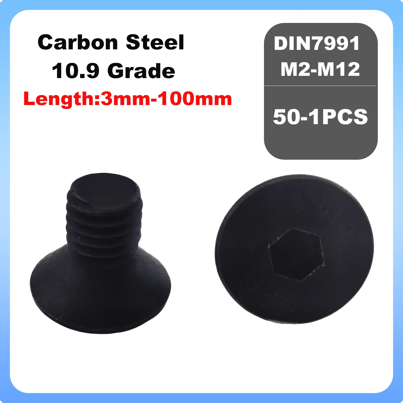 1-50Pcs M2 M2.5 M3 M4 M5 M6 M8 M10 M12 Black 10.9 Grade Allen Hexagon Hex Socket Flat Countersunk Head Bolt Screw DIN7991
1-50Pcs M2 M2.5 M3 M4 M5 M6 M8 M10 M12 Black 10.9 Grade Allen Hexagon Hex Socket Flat Countersunk Head Bolt Screw DIN7991