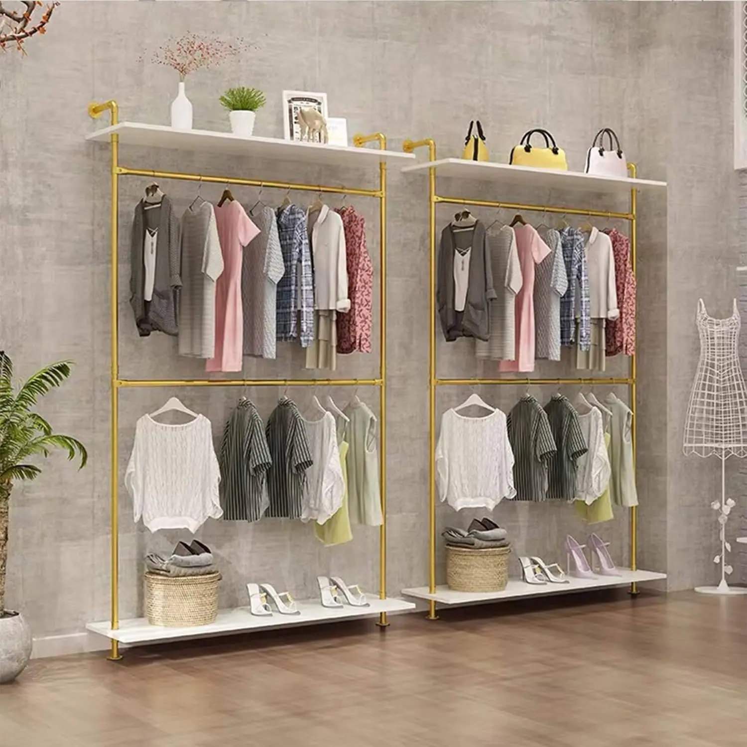 Industrial Pipe Double Hanging Rods Clothing Rack, Wall Mounted Storage Shelf with Wood Shelves, Gold Finish, 47.2" Length
Industrial Pipe Double Hanging Rods Clothing Rack, Wall Mounted Storage Shelf with Wood Shelves, Gold Finish, 47.2" Length