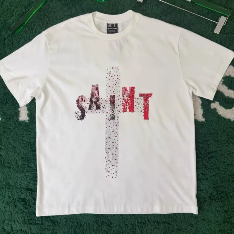 Saint Tshirts Misaligned Letter Hot Drill Cross Short Sleeve White Breathable Cotton Summer Fashion Street Round Neck Top Tees
Saint Tshirts Misaligned Letter Hot Drill Cross Short Sleeve White Breathable Cotton Summer Fashion Street Round Neck Top Tees