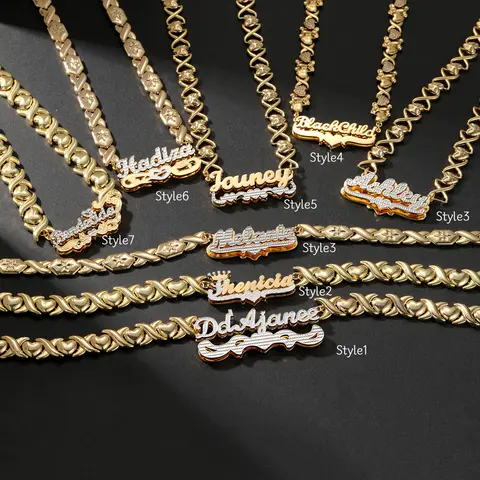 XO Chain Name Necklace Personalization 18K Gold Plated Pendant Double Nameplate Custom 3D Jewelry Valentine's Day Gift for GF