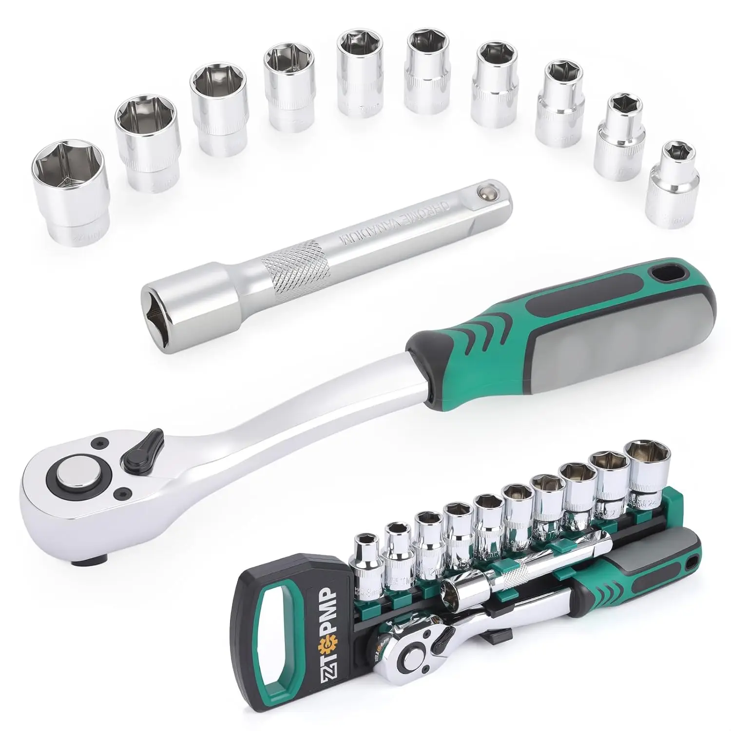 1/2' Drive Ratchet Wrench, 72-Tooth Reversible, with 10mm-24mm Metric Sockets & Extension
1/2' Drive Ratchet Wrench, 72-Tooth Reversible, with 10mm-24mm Metric Sockets & Extension