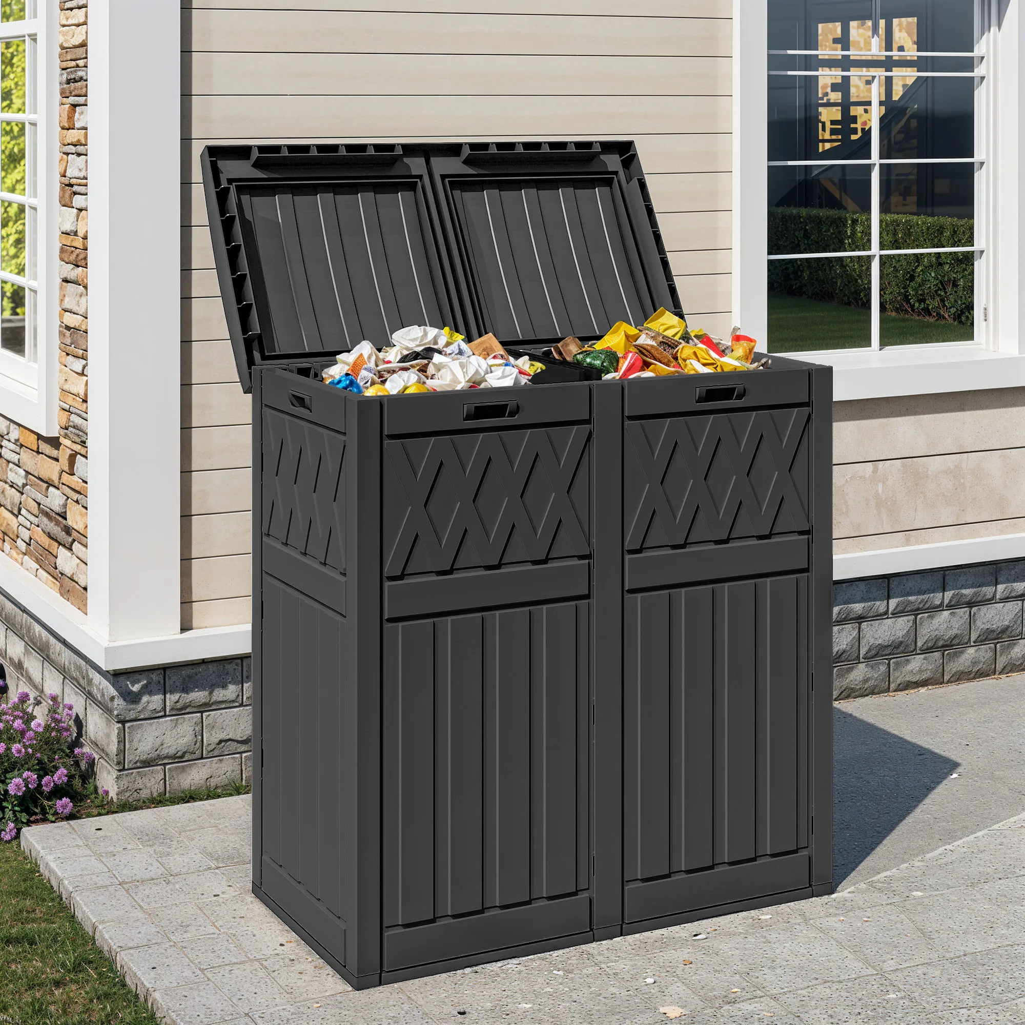 66 Gallon Double Compartment Trash Can, Weatherproof Resin Garbage Bin with Lid & Drip Tray, for Patio Deck Backyard Kitchen, Bl
66 Gallon Double Compartment Trash Can, Weatherproof Resin Garbage Bin with Lid & Drip Tray, for Patio Deck Backyard Kitchen, Bl