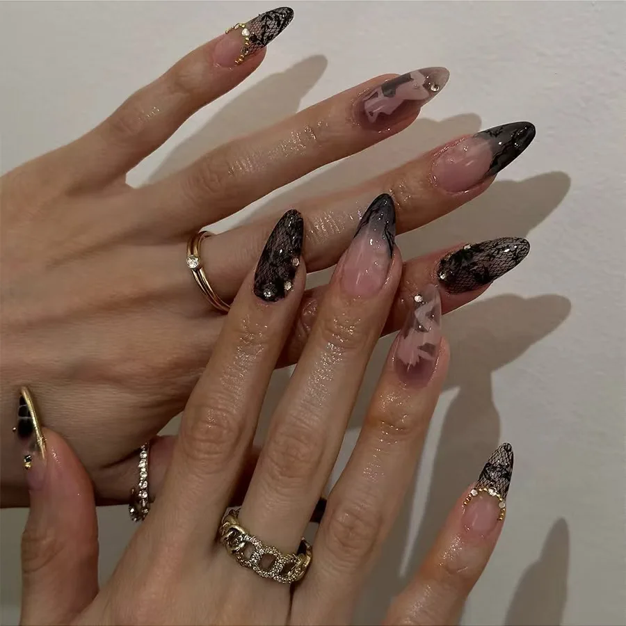 24Pcs Mid-length Almond Full Cover Nails Tips with Black Lace French Design Fake Nail Rhinestone Detachable Press on False Nails
24Pcs Mid-length Almond Full Cover Nails Tips with Black Lace French Design Fake Nail Rhinestone Detachable Press on False Nails