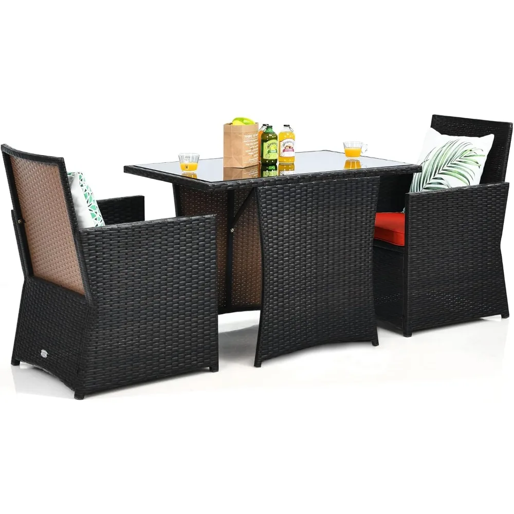 3 Piece Outdoor Dining Set, PE Rattan Dining Table & Chairs Set with Tempered Glass Top & Cushions, Wicker Conversation
3 Piece Outdoor Dining Set, PE Rattan Dining Table & Chairs Set with Tempered Glass Top & Cushions, Wicker Conversation