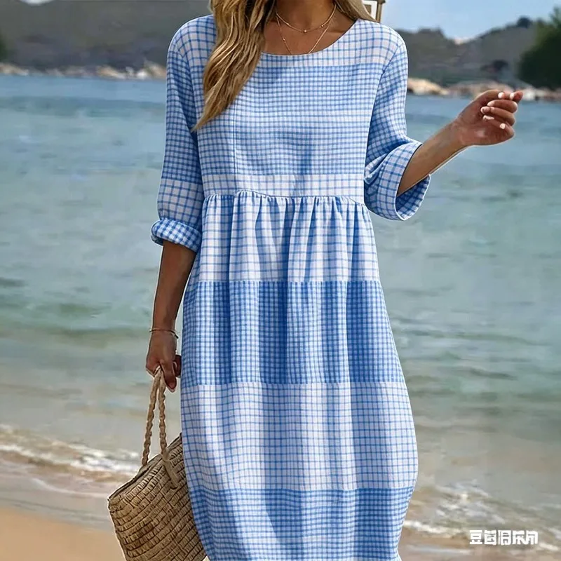 Women's dress summer casual vacation style blue and white houndstooth dress, mid sleeve round neck loose slimming cake skirt
Women's dress summer casual vacation style blue and white houndstooth dress, mid sleeve round neck loose slimming cake skirt