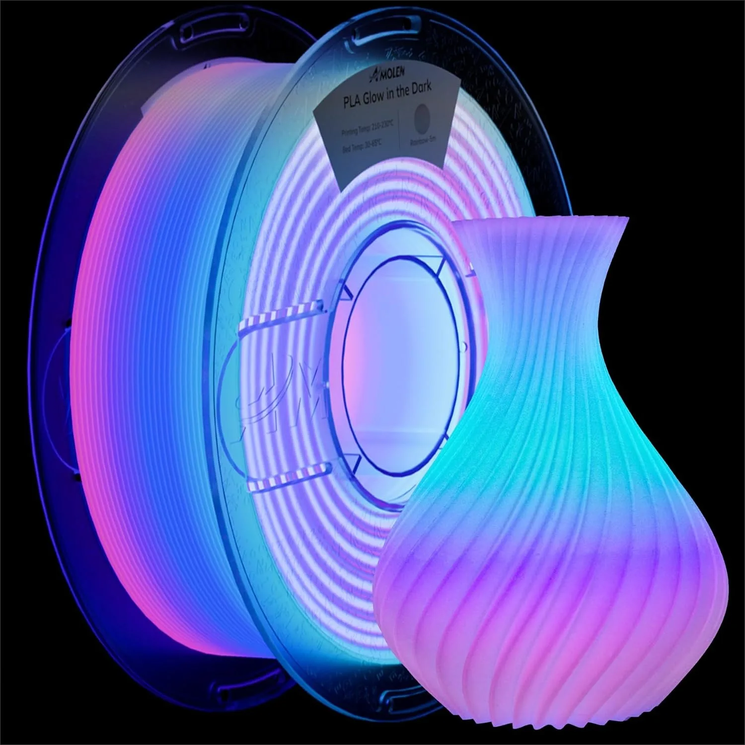 Rainbow Glow in the Dark PLA 3D Printer Filament, Color-Shifting Blue/Green/Purple, 1.75mm ±0.02mm, 1kg Spool for Smooth
Rainbow Glow in the Dark PLA 3D Printer Filament, Color-Shifting Blue/Green/Purple, 1.75mm ±0.02mm, 1kg Spool for Smooth