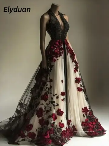 Black Ivory Gothic Wedding Dress Halter Beaded 3D Red Floral Appliques A-Line Tulle Long Vintage Bridal Gowns Customized