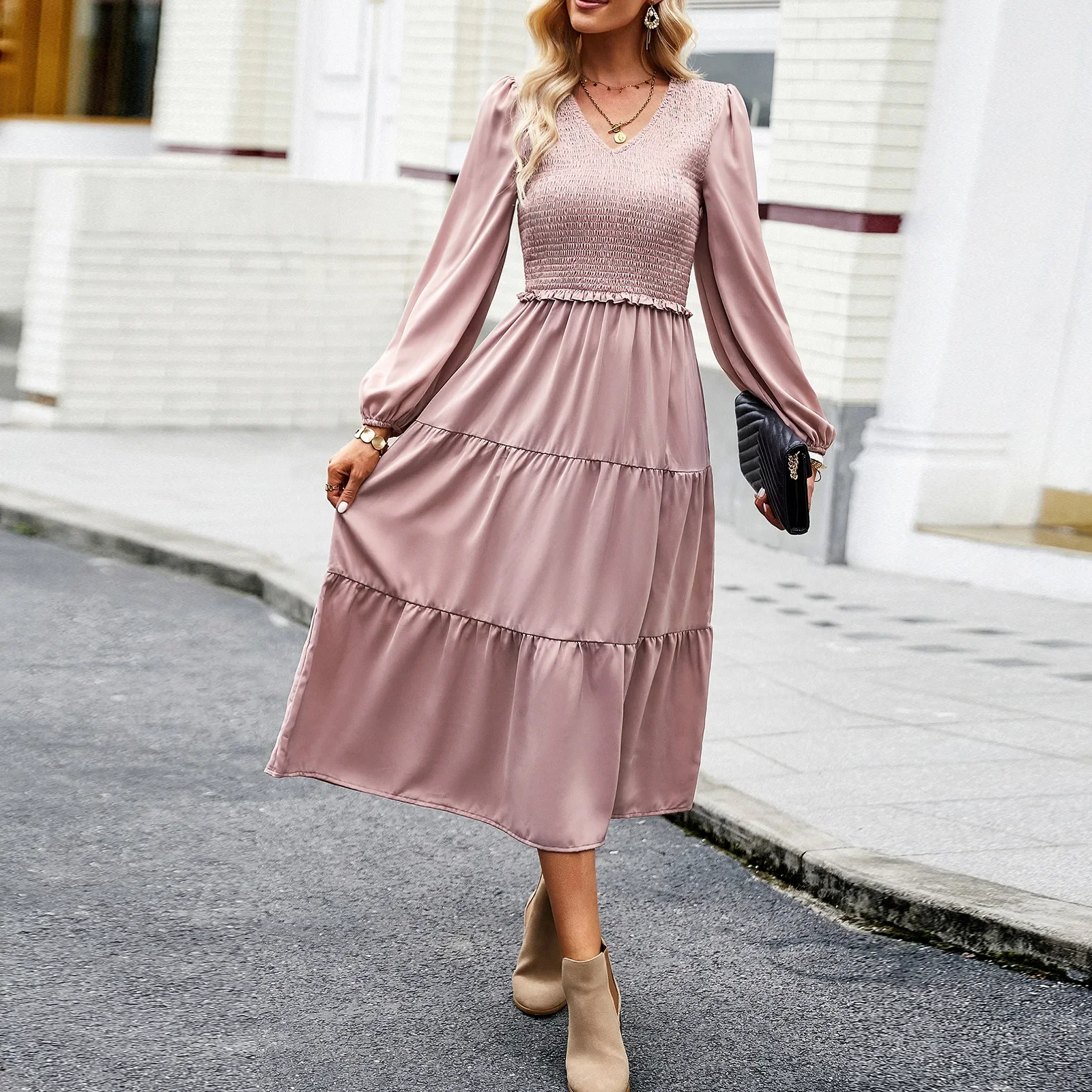 Women's Loose A-Line Dress, Long-Sleeved Dresses, Casual V-Neck, Monochromatic, Evening Party, Elegant, Autumn
Women's Loose A-Line Dress, Long-Sleeved Dresses, Casual V-Neck, Monochromatic, Evening Party, Elegant, Autumn