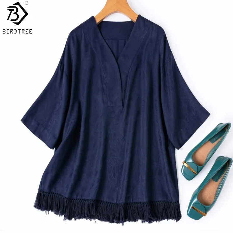 Birdtree, 100% Silk Solid Tshirt, Spun Silk V-neck Tops, Women Jacquard Tassel Shirt, Vacation Style, 2026 Spring New T63827JF
Birdtree, 100% Silk Solid Tshirt, Spun Silk V-neck Tops, Women Jacquard Tassel Shirt, Vacation Style, 2026 Spring New T63827JF