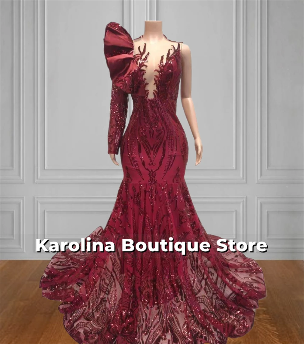 Distinctive Burgundy Sequined Lace Prom Dresses For Black Girls One Shoulder Long Sleeves Mermaid African Wedding Customized
Distinctive Burgundy Sequined Lace Prom Dresses For Black Girls One Shoulder Long Sleeves Mermaid African Wedding Customized