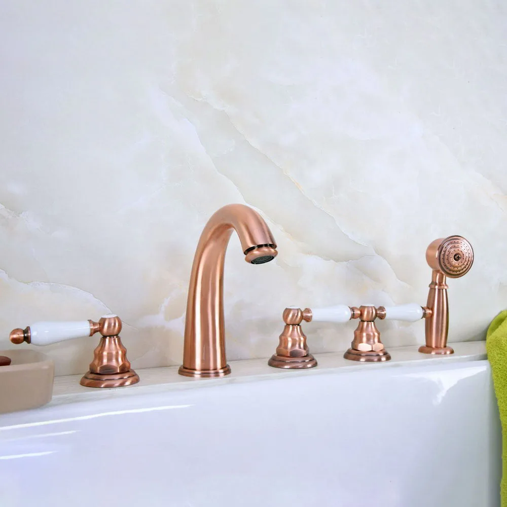 Antique Red Copper Five Hole Deck Mounted Bathroom Tub Faucet Set with 1500MM Handheld Spray Shower Mixer Tap 2tf231
Antique Red Copper Five Hole Deck Mounted Bathroom Tub Faucet Set with 1500MM Handheld Spray Shower Mixer Tap 2tf231