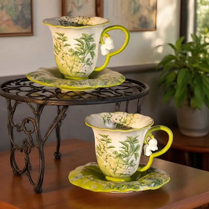 Rustic ceramic coffee cup and saucer gift set - unique, high-style, heat-resistant, retro lily of the valley design, leak-proof
Rustic ceramic coffee cup and saucer gift set - unique, high-style, heat-resistant, retro lily of the valley design, leak-proof