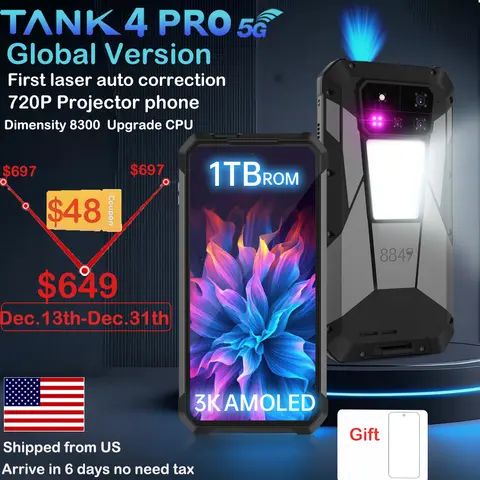 8849 Tank 4 Pro Unihertz 5G Rugged Projector Smartphone 36G 1TB Android 14 Sports Phone 11600mAh Dimensity8300 AMOLED 120HZ