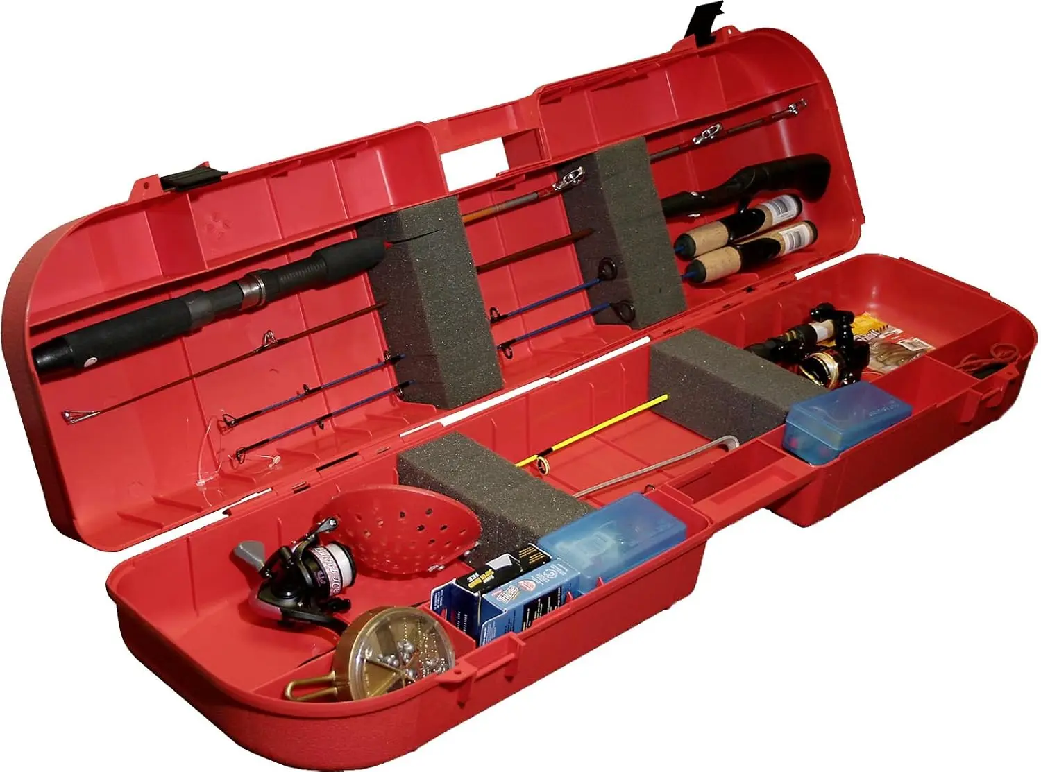 Ice Fishing Rod Storage Box, Holds 8 Rods with Secure Latch and Strong Handle, Red