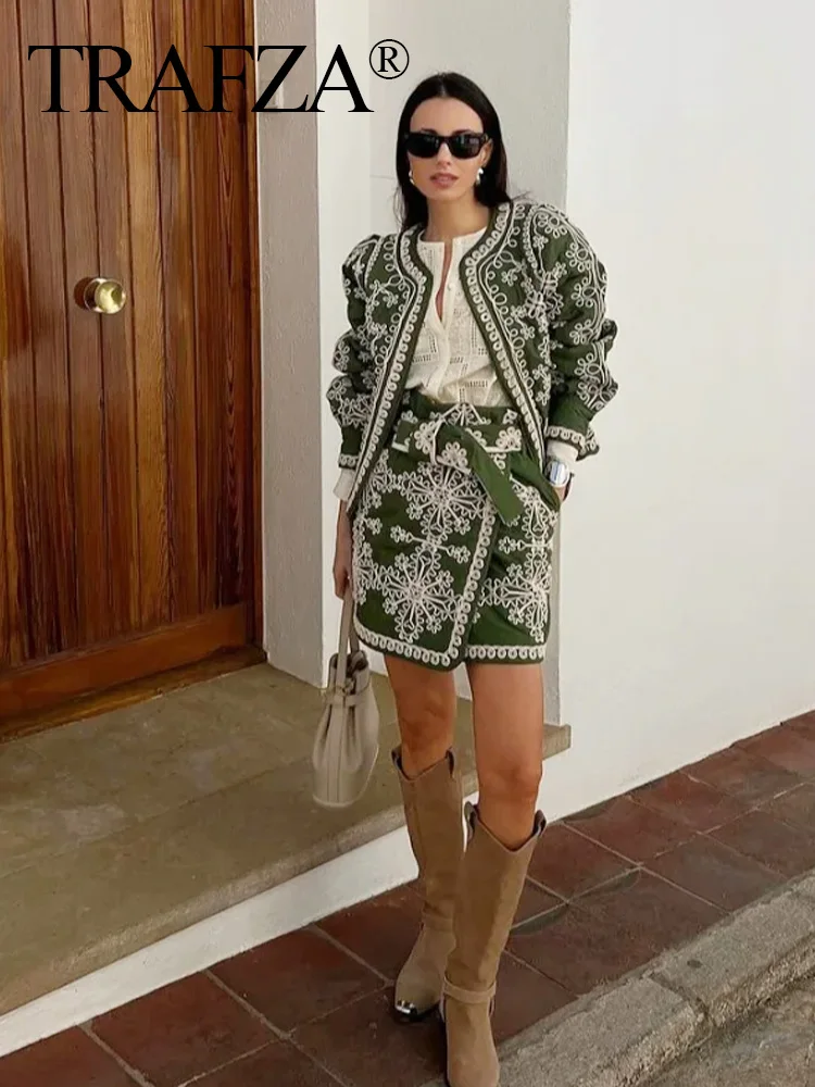 TRAFZA Women Green Printed O-Neck Long Sleeve Winter Coat+Fashion High Waist Buttons Crop Bow Decorate Casual Mini Skirt Set
TRAFZA Women Green Printed O-Neck Long Sleeve Winter Coat+Fashion High Waist Buttons Crop Bow Decorate Casual Mini Skirt Set