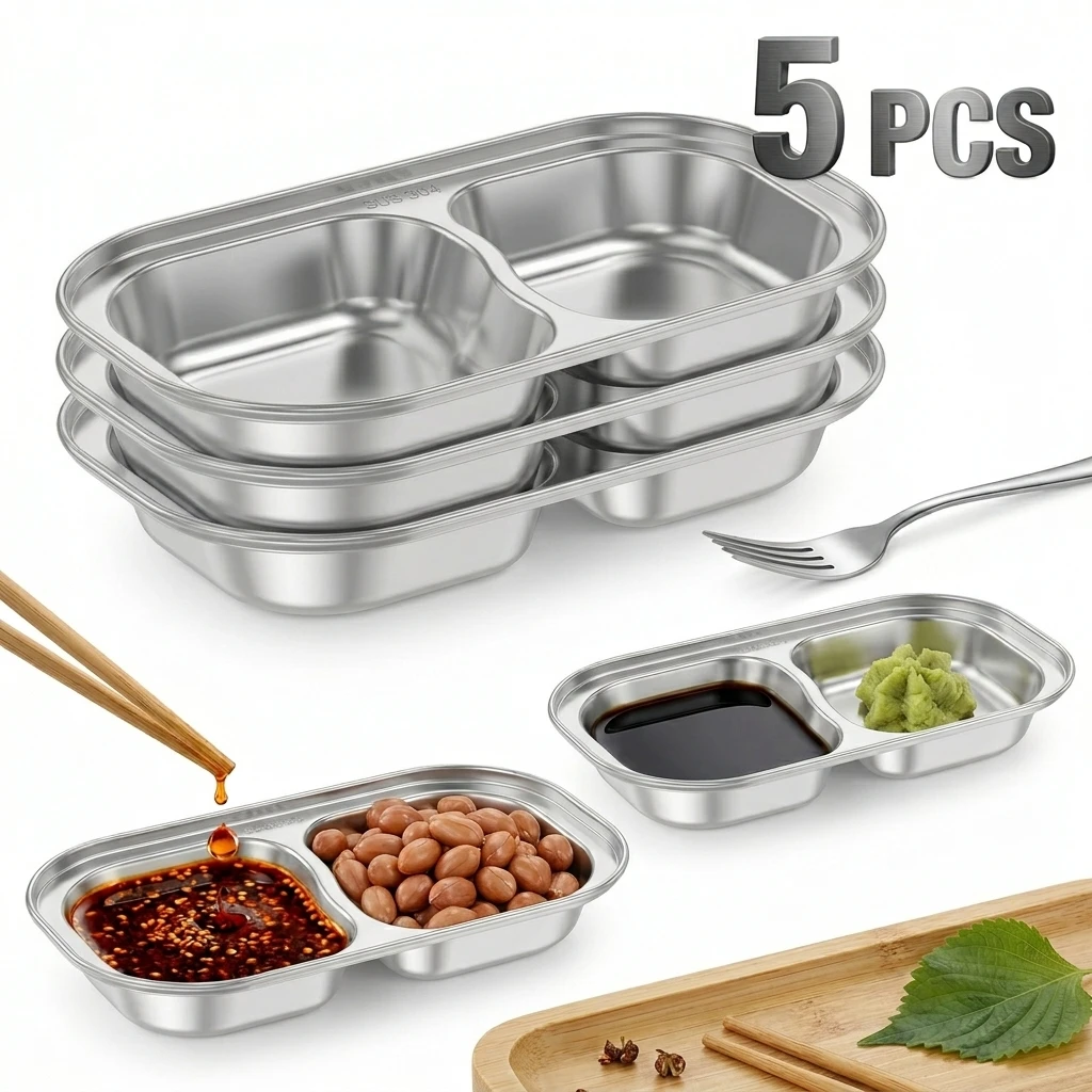5 Pcs Stainless Steel Sauce Dishes 2-Compartment Divided Plate Stackable Serving Tray for Dipping Sauce Snack Outdoor BBQ Picnic
5 Pcs Stainless Steel Sauce Dishes 2-Compartment Divided Plate Stackable Serving Tray for Dipping Sauce Snack Outdoor BBQ Picnic