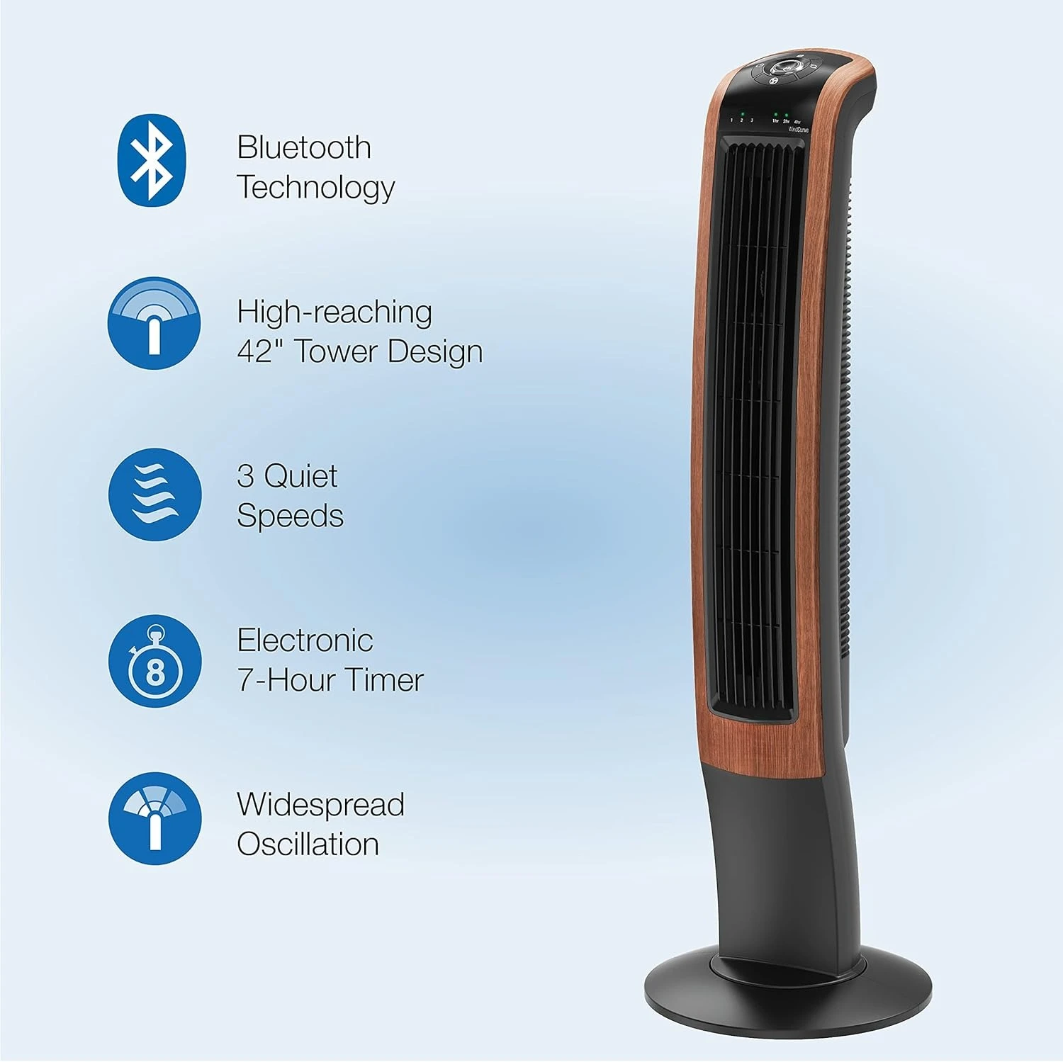 Oscillating Wind Curve Tower Fan, Bluetooth Technology, 3 Quiet Speeds, for Bedroom, Living Room & Office, 42", Woodgrain,T42905
Oscillating Wind Curve Tower Fan, Bluetooth Technology, 3 Quiet Speeds, for Bedroom, Living Room & Office, 42", Woodgrain,T42905