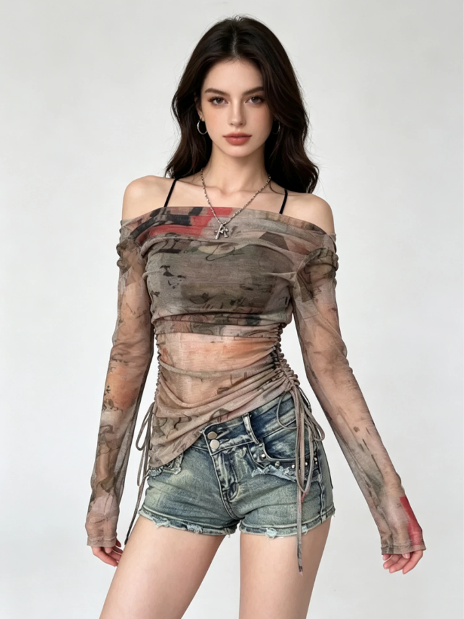 Women's Y2K Gyaru Khaki Vintage Print One Shoulder T Shirt & Corset Top Two-Piece Set Irregular Long Sleeve T-Shirt Summer 2026
Women's Y2K Gyaru Khaki Vintage Print One Shoulder T Shirt & Corset Top Two-Piece Set Irregular Long Sleeve T-Shirt Summer 2026