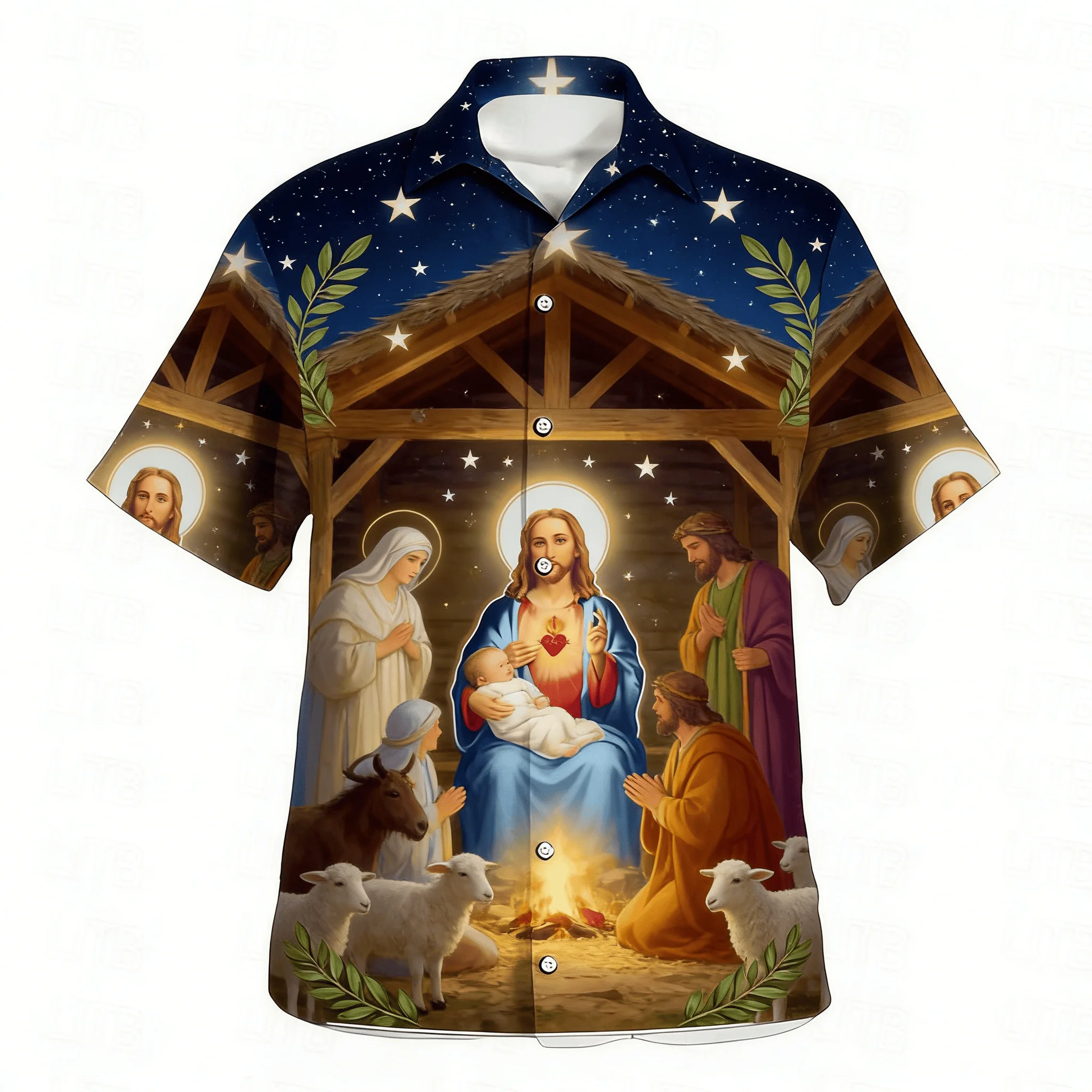 Men's Nativity Scene Print Short Sleeve Shirt, Holy Family with Jesus Birth Design Button Down for Spring Summer
Men's Nativity Scene Print Short Sleeve Shirt, Holy Family with Jesus Birth Design Button Down for Spring Summer