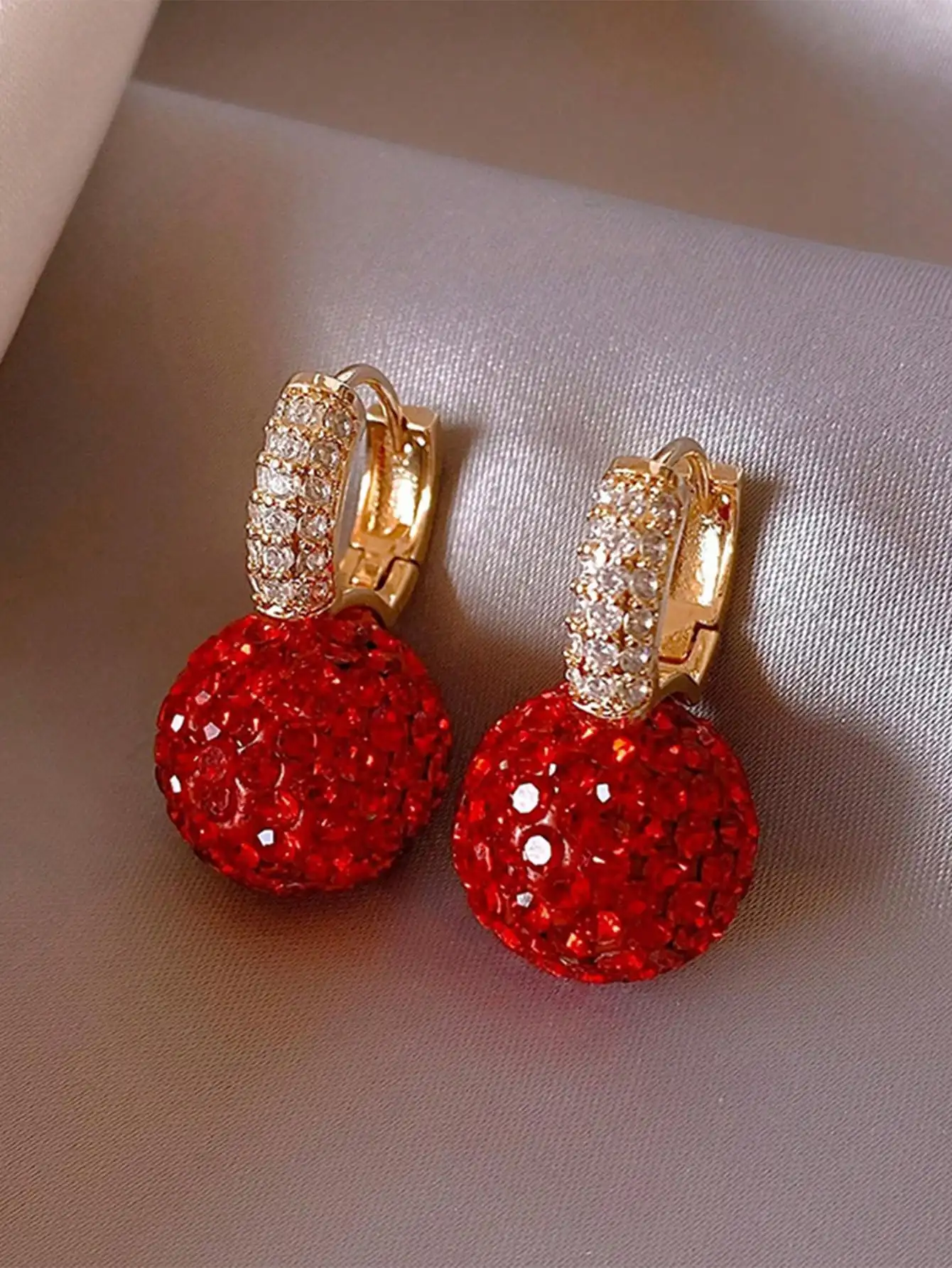Red Crystal Ball Drop Earrings with Rhinestone Hoop for Women, Gold Tone Fashion Jewelry
Red Crystal Ball Drop Earrings with Rhinestone Hoop for Women, Gold Tone Fashion Jewelry
