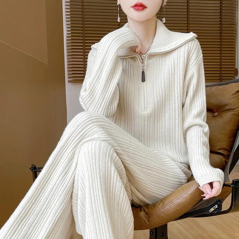 100% Pure Wool Cashmere Two-piece Women's Large Lapel Pullover Sweater 2024 Autumn and Winter New Fashion Wide-leg Pants Suit
100% Pure Wool Cashmere Two-piece Women's Large Lapel Pullover Sweater 2024 Autumn and Winter New Fashion Wide-leg Pants Suit