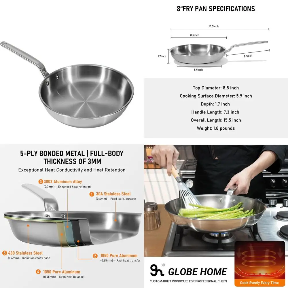 8 5-Ply Stainless Steel Fry Pan with Aluminum Core - Even Heat, Induction Compatible, Oven & Dishwasher Safe Cookware
8 5-Ply Stainless Steel Fry Pan with Aluminum Core - Even Heat, Induction Compatible, Oven & Dishwasher Safe Cookware